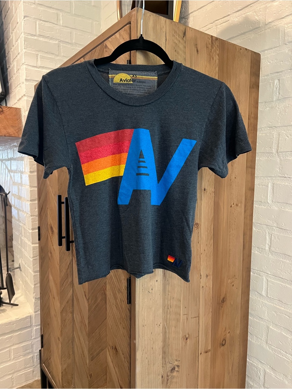 Aviator Nation XS Charcoal Tee with Blue AV and Rainbow Stripes